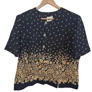 Vintage Leslie Fay Paisley Blouse Womens Sz 18 Black Gold Floral Whimsygoth 90s